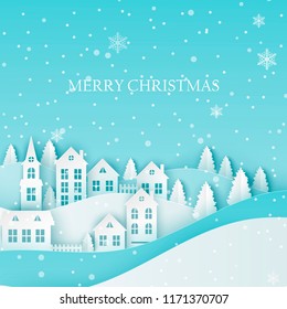 Winter urban countryside landscape, village with cute paper houses, pine trees and snow. Merry Christmas and New Year paper art background