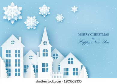 Winter urban countryside landscape village with cute paper houses, pine trees and snowflakes. Merry Christmas and New Year paper art background