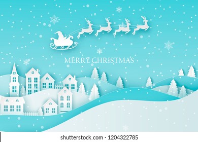 Winter urban countryside landscape village with cute paper houses, pine trees and Santa with deers flying in the sky. Merry Christmas and New Year paper art background