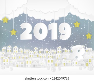 Winter urban countryside landscape village with paper houses, pine trees. Merry Christmas and New Year background. Christmas season paper art style illustration.