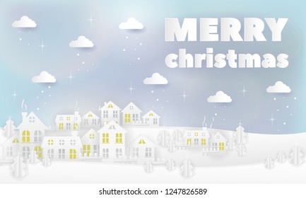 Winter urban countryside landscape village with paper houses, pine trees. Merry Christmas and New Year background. Christmas season paper art style illustration.