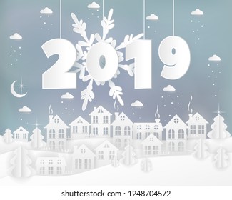 Winter urban countryside landscape village with paper houses, pine trees. Merry Christmas and New Year background. Christmas season paper art style illustration.