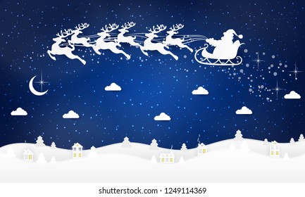 Winter urban countryside landscape village with paper houses, pine trees, shining snowflakes and santa claus on the winter background. Christmas season paper art style illustration.