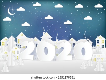 Winter urban countryside landscape village with paper houses, pine trees. Merry Christmas and New Year background. Christmas season paper art style illustration