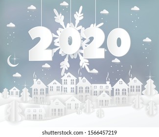 Winter urban countryside landscape village with paper houses, pine trees. Merry Christmas and New Year background. Christmas season paper art style illustration