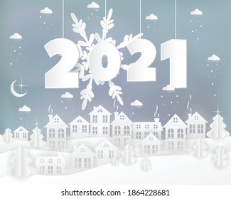 Winter urban countryside landscape village with paper houses, pine trees. Merry Christmas and New Year background. Christmas season paper art style illustration