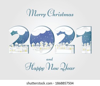 Winter urban countryside landscape village with paper houses, pine trees. Merry Christmas and New Year background. Christmas season paper art style illustration