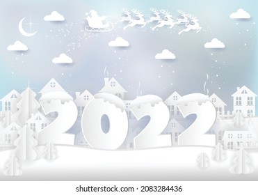 Winter urban countryside landscape village with paper houses, pine trees. Merry Christmas and New Year background. Christmas season paper art style illustration. Happy New Year 2022