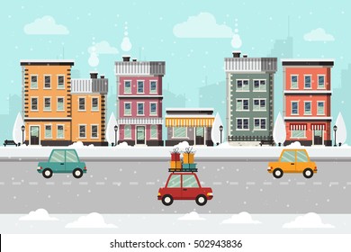 Winter Urban Landscape with Buildings, Street and Cars with Presents. Flat Design Style. 