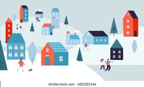 Winter urban landscape. Christmas vacations, holiday season in city. Tiny people skating on lake walking dog. Cute suburb houses on snowy hills vector illustration
