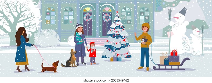 Winter urban landscape. City with snow. Christmas and new year. Old european town. Cityscape. People walk on festive Christmas city street. Cartoon urban cityscape with decorated houses. Vector 