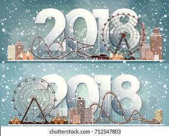 Winter urban landscape. City with snow. Christmas and new year. Cityscape. Buildings.2018.Vector illustration. 