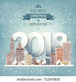 Winter urban landscape. City with snow. Christmas and new year. Cityscape. Buildings.2018.Vector illustration. 