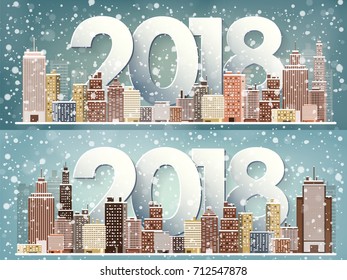 Winter urban landscape. City with snow. Christmas and new year. Cityscape. Buildings.2018.Vector illustration. 