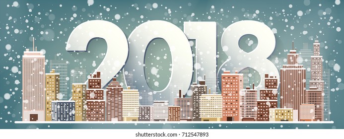 Winter urban landscape. City with snow. Christmas and new year. Cityscape. Buildings.2018.Vector illustration. 