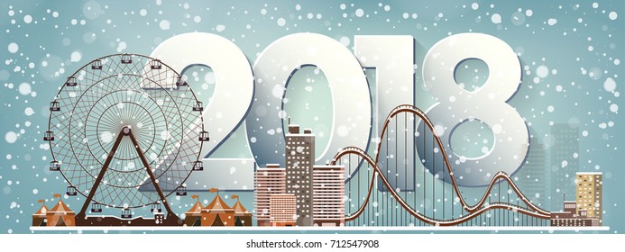 Winter urban landscape. City with snow. Christmas and new year. Cityscape. Buildings.2018.Vector illustration. 