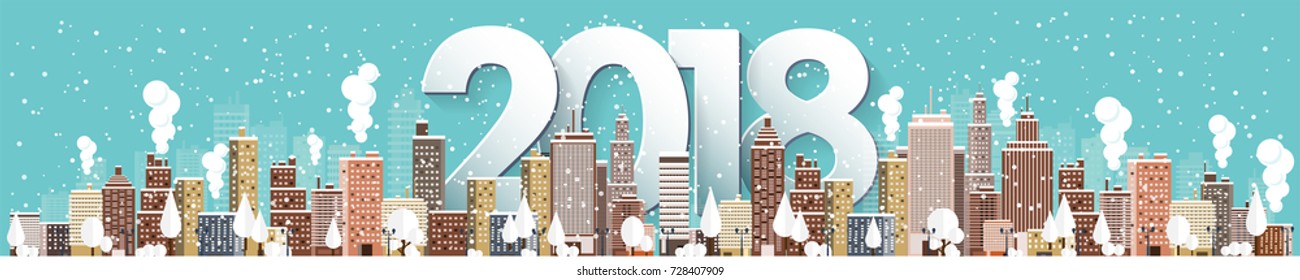 Winter urban landscape. City with snow. Christmas and new year. Cityscape. Buildings.2018.Vector illustration.