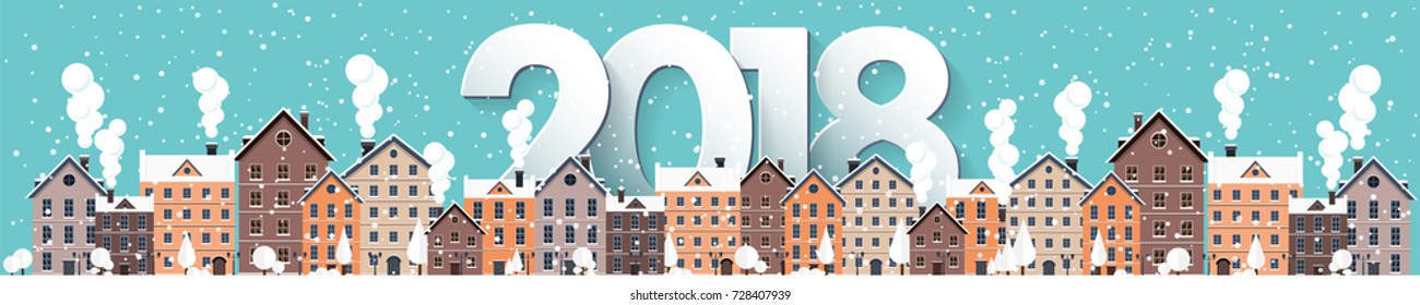 Winter urban landscape. City with snow. Christmas and new year. Cityscape. Buildings.2018.Vector illustration.