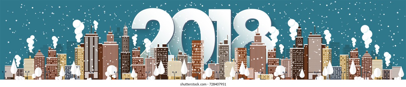 Winter urban landscape. City with snow. Christmas and new year. Cityscape. Buildings.2018.Vector illustration.