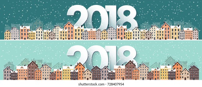 Winter urban landscape. City with snow. Christmas and new year. Cityscape. Buildings.2018.Vector illustration.