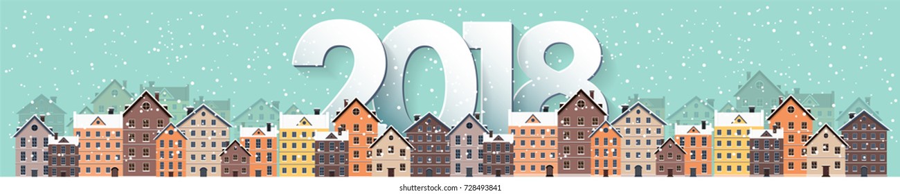 Winter urban landscape. City with snow. Christmas and new year. Cityscape. Buildings.2018.Vector illustration.