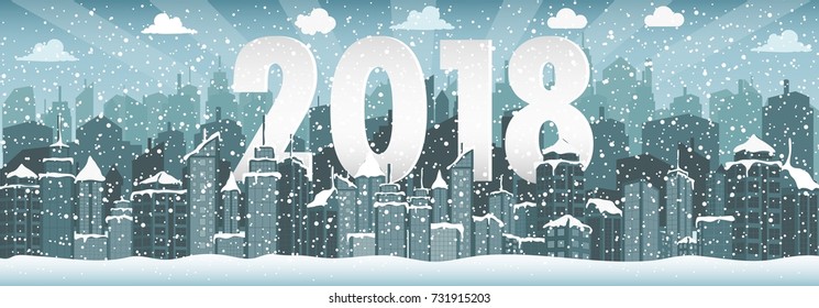 Winter urban landscape. City with snow. Christmas 2018.