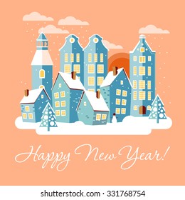 Winter Urban Landscape in flat style for Christmas & New Year decoration design. Winter Holidays vector background for greeting card, wallpaper, banner, gift package decoration. Sample text. Editable