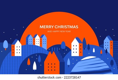 Winter urban landscape in geometric minimal flat style. New year and Christmas city at night with snowdrifts, falling snow, trees. Festive small town panorama. Abstract horizontal banner with text