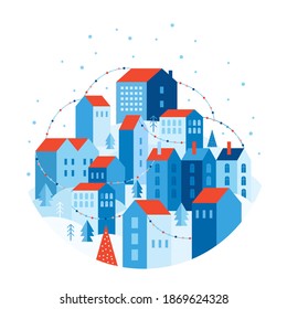 Winter urban landscape in geometric style. Festive snow city is decorated with colorful garlands. Houses on hill among trees and snowdrifts. New year and Christmas landscape. Vector flat illustration