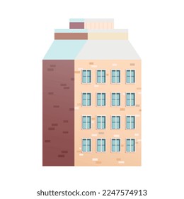 Icono de paisaje urbano invernal con edificio residencial plano con techo cubierto de ilustración vectorial de nieve