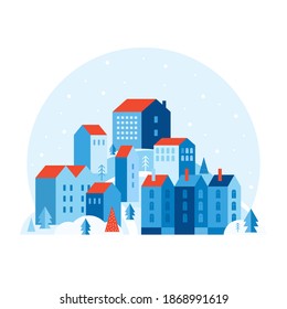 Winter urban landscape in a minimal geometric style. Festive snow city. Cozy houses on a hill among Christmas trees and snowdrifts. New year and Christmas landscape. Abstract vector flat illustration