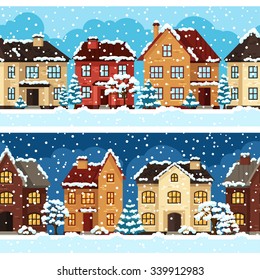Winter urban landscape pattern with houses and trees.