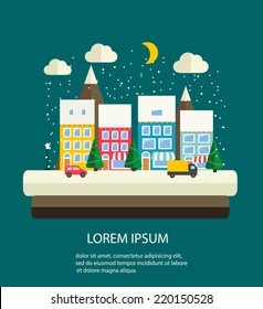 Winter urban landscape with snowfall and Christmas lights, vector illustration in flat design style.
