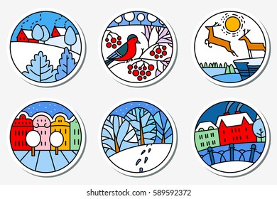 Winter urban and nature landscapes icons set in thin simple line style. Round pictogram. City street, cute deers, bird on the  rowan branch, facades of buildings in bright colors