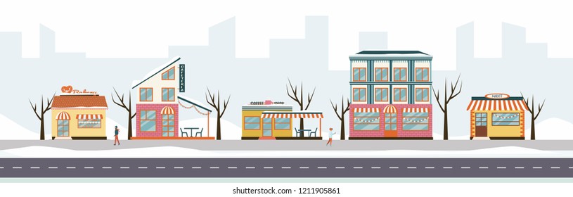 Winter urban street with different shops and stores, including bakery, coffee shop, restaurant, market. Vector illustration of strip mall shopping center.