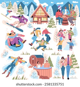 Winter vacation activities in a cozy snowy landscape. Enjoy skiing, snowboarding, ice skating, and relaxing in hot tubs with friends and family. A cheerful and festive atmosphere celebrates winter fun