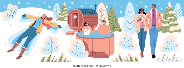 Winter vacation activities in a snowy landscape showcase enjoyment and relaxation. People are seen making snow angels, relaxing in a hot tub, and taking a stroll, embodying a perfect winter getaway