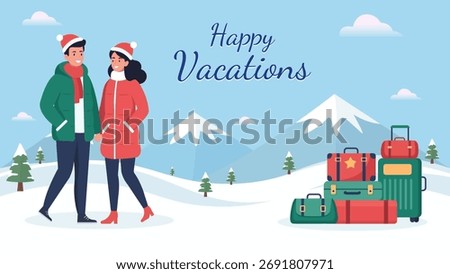 Winter Vacation Banner with Couple Walking in Snow. Happy vacation winter banner featuring couple walking with luggage in snowy mountains. perfect for travel promotions, holiday posts.