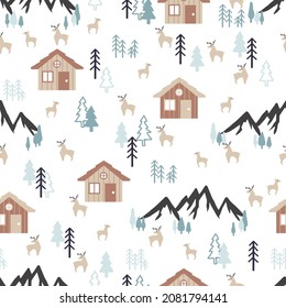 Winter Vacation Cabin House in the Snow Mountain Vector Seamless Pattern can be use for background and apparel design