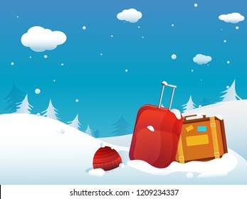 Winter Vacation celebration with backpack on snow capped winter background.