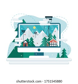 Winter vacation in computer screen with landscape. Ski mountain resort in flat cartoon design with funiculars, mountains, house, trees and snow. Ski resort in  winter time. Vector stock illustration.