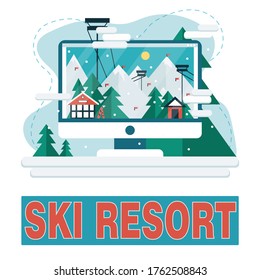 Winter vacation in computer screen with landscape. Ski mountain resort in flat cartoon design with funiculars, mountains, house, trees and snow. Ski resort in  winter time. Vector stock illustration.