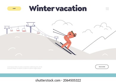 Winter vacation concept of landing page with female skier enjoy holidays or weekend on ski resort. Happy woman riding downhill in snowy mountains over cableway. Cartoon flat vector illustration