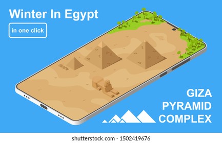 Winter vacation in Egypt concept. Giza pyramid complex includes the Pyramid of Khufu, Khafre, Menkaure and the Great Sphinx. Isometric vector illustration.