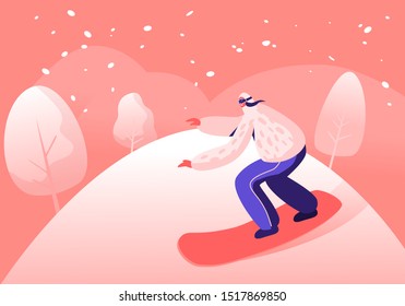 Winter Vacation Extreme Sports Activity and Entertainment. Sportswoman Dressed in Winter Clothes and Goggles Snowboarding and Making Stunts on Mountain Ski Resort. Cartoon Flat Vector Illustration
