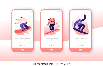 Winter Vacation Extreme Sports Activity Mobile App Page Onboard Screen Set. Snowboarding and Skiing Entertainment on Mountain Resort Concept for Website or Web Page. Cartoon Flat Vector Illustration