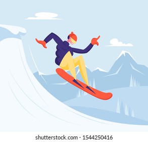 Winter Vacation Extreme Sports Activity and Entertainment. Young Sportsman Dressed in Winter Clothes and Goggles Snowboarding and Making Stunts on Mountain Ski Resort. Cartoon Flat Vector Illustration