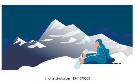 Winter Vacation Extreme Sports Activity and Entertainment. Sportswoman Dressed in Winter Clothes and Goggles Snowboarding Mountain Ski Resort. Cartoon Flat Vector Illustration