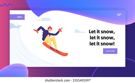 Winter Vacation Extreme Sports Activity and Entertainment Website Landing Page. Young Sportsman Snowboarding and Making Stunts on Mountain Ski Resort Web Page Banner. Cartoon Flat Vector Illustration