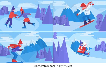 Winter vacation extreme sports. People having fun and activities: skiing, skating, snowboard and sledding. Snow landscape and mountains, cold and holiday. Set with winter mood flat vector illustions